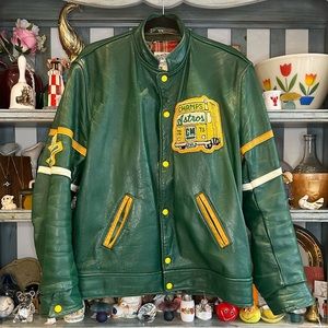 Vintage 70s Avon Sportswear green leather varsity jacket with yellow details